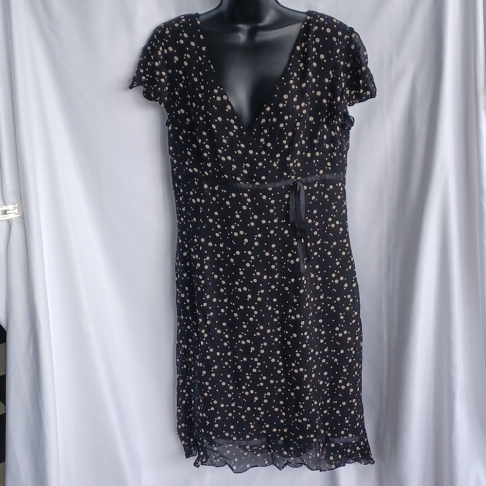 Maggy London silk black cream polka dot dress short flutter sleeve 14, 21" PTP